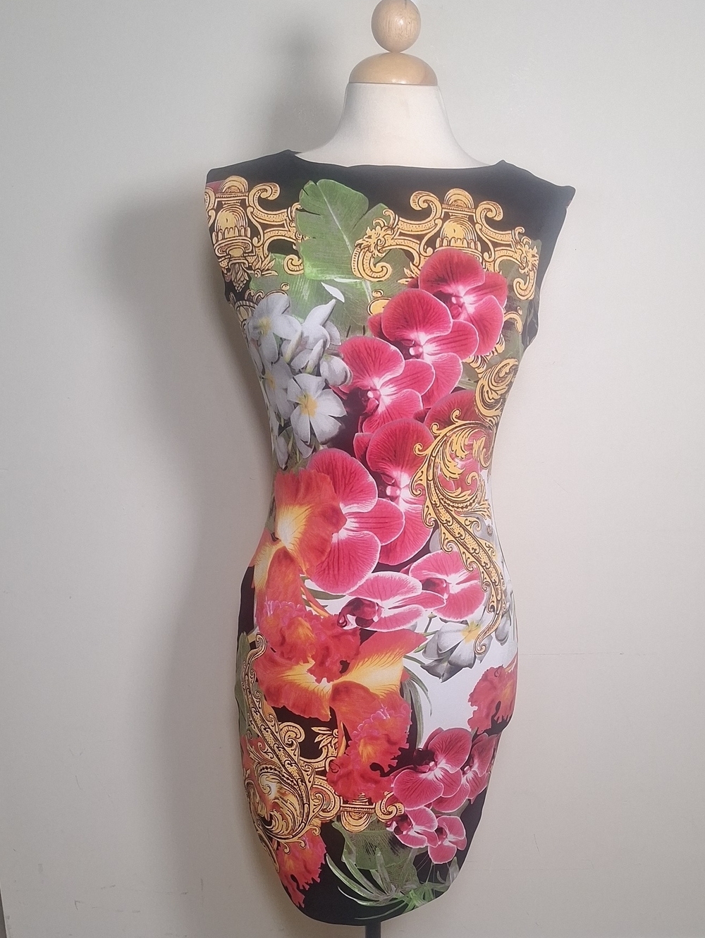 Cache Vintage Floral Body Con Pull Over Lined Sleeveless Dress Size S